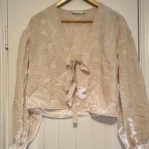 Lush Taupe Gingham Tie-Front Blouse